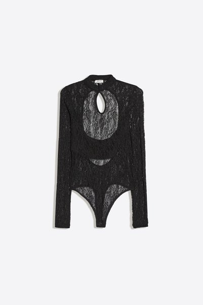 Long-Sleeved, Low-Cut Lace Bodysuit