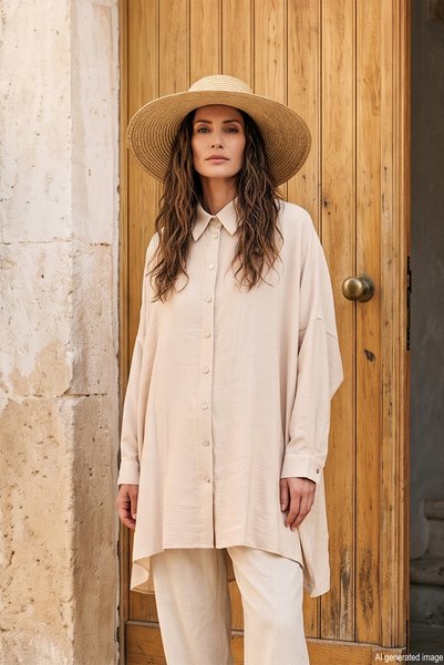 Straight Cut Button Detailed Modal Shirt 19605 Beige
