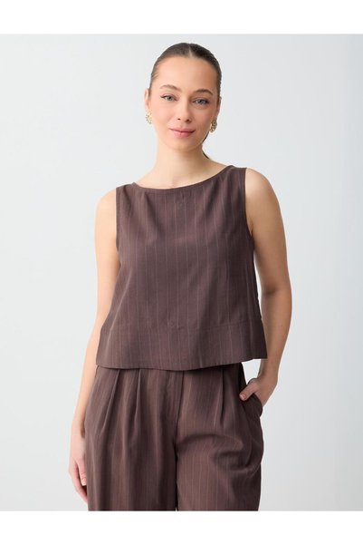 Bitter Coffee Boat Neck Sleeveless Striped Modal Woven Bluz