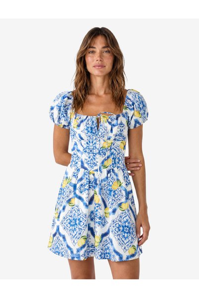 X Şahika Ercümen - Cotton Lemon Patterned Cobalt Blue Short Balloon Sleeve Off Shoulder Mini Dress