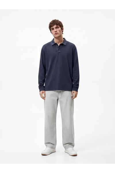 Short Sleeve Faded Fabric Navy Blue Sweatshirt