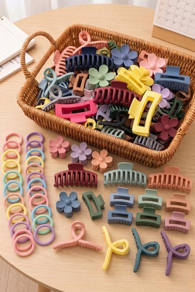 75 Piece Economical Hair Clip Bundle - 25 Barrettes & 50 Rubber Clips Assorted Color Set