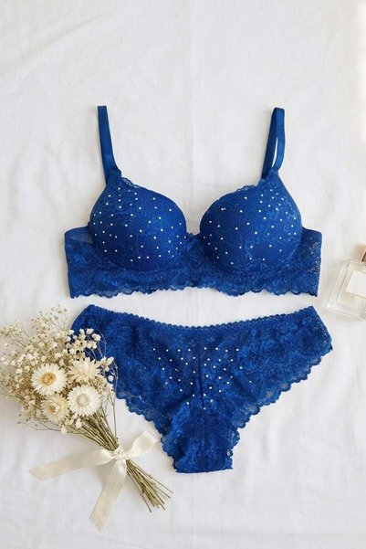 Stone Detailed Lace Supported Bra Set Cobalt Blue