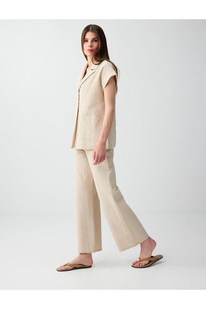 Beige Linen Blend Straight-Cut Trousers