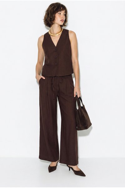 Women's Bitter Coffee 100% Cotton Linen V-Neck Buttoned Vest Wide Leg Pants Set 8132 60286410