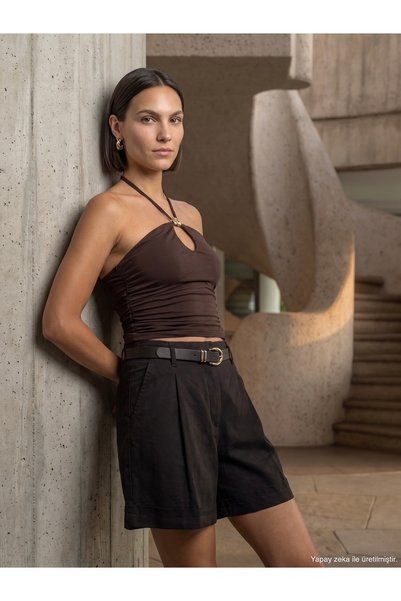 32956 Lyocell Accessory Detailed Top-Dark Brown
