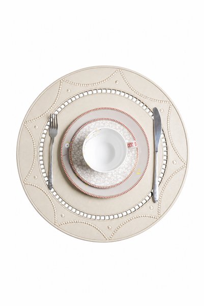 Embroidered Leather American Service Set of 2 Double-Sided Round Placemats 42X42 cm Bianca Beige