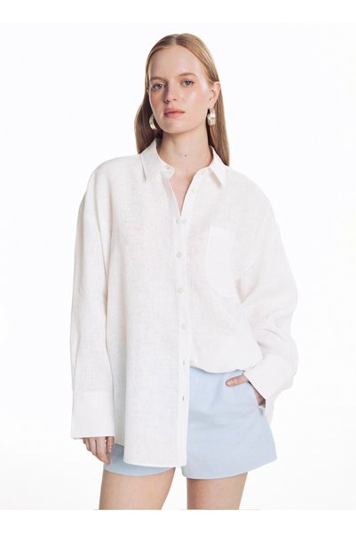 Off-White 100% Linen Cross Yoke Pocketed U-Sleeve Shirt