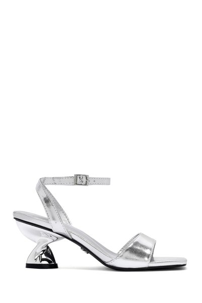 Women's Silver Ankle Buckle Thick Heeled Metallic Sandals 26Sfe450532