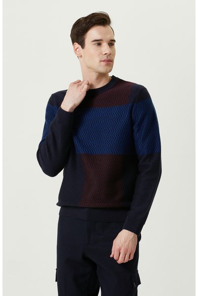 Color Blocked Navy Blue Claret Red Knitwear Sweater