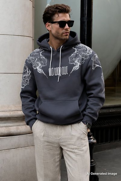 Smoked Hooded Pocket Detailed Printed Men's Sweatshirt 7052