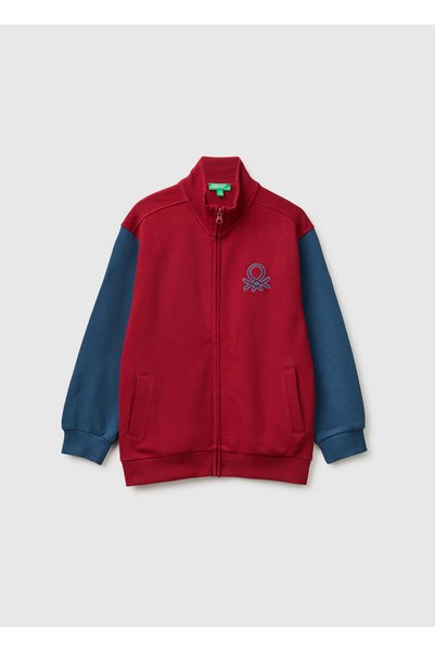 Boy's Red Embroidered Front Ribbed Collar Sweatshirt with Pockets and Zipper