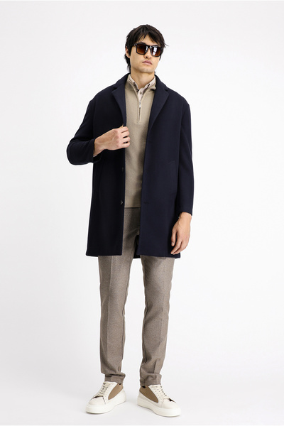 Mono Collar Oversize Extra Comfortable Cut Classic Buttoned Coat with Pockets
