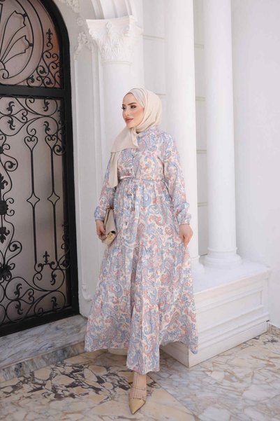 Blue Half-Buttoned Layered Dress with Elastic Sleeves