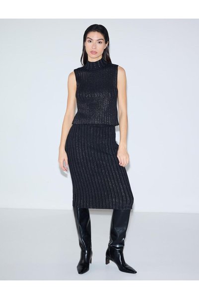 Black Regular Waist Cotton Midi Knit Skirt