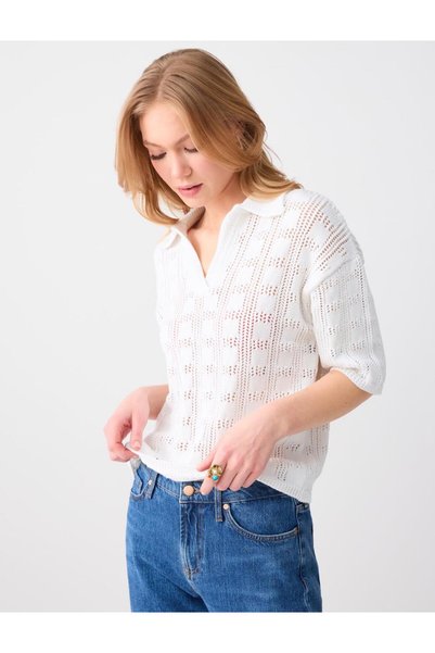 White Polo Collar Elbow Sleeve Lace-Like Knit Knitwear Blouse
