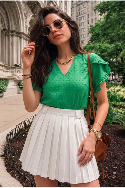 Women Light Green V Neck Ruffled Short Sleeve Blouse Arm-25Y001031