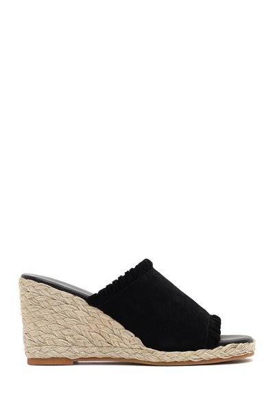 Women's Black Wedge Heeled Suede Leather Espadrille Slippers 25Sfd150510