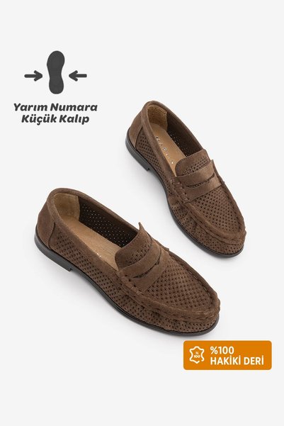 Women's Genuine Leather Loafer Moccasin with Hole Design, Stitched and Drawstring Casual Shoes, Kaneri Brown Suede