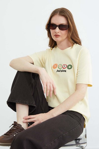Fruit Embroidered Crew Neck T-Shirt