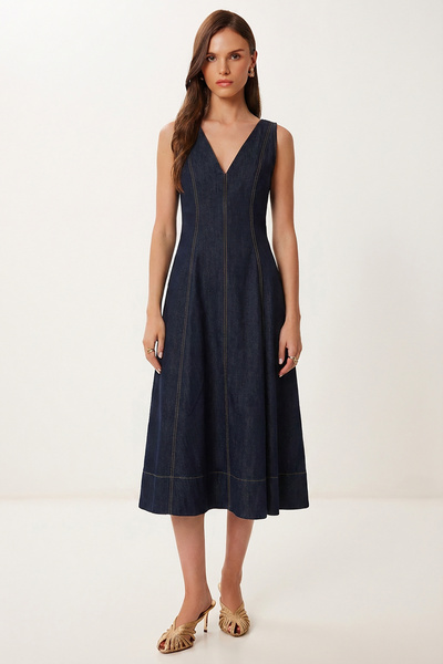 Thick Strap Pocket Denim Dress Lub0334 Dark Blue