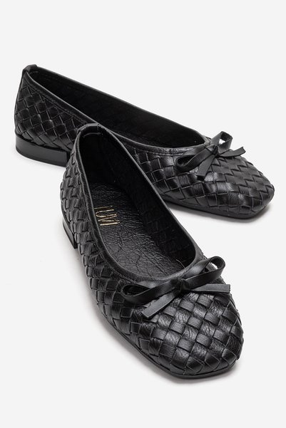 Garen Black Knitted Genuine Leather Bowknot Women's Ballerina Shoes