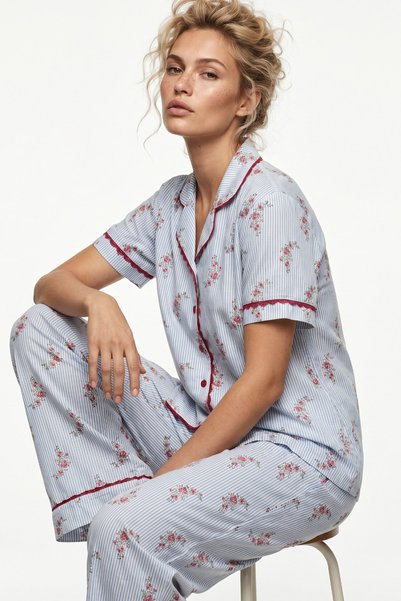 Blue Floral Patterned Thin Soft Knitted Buttoned Lace Trimmed Pajama Set 8061