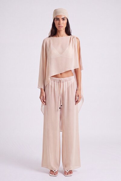 Chiffon Harper Suit with Cape and Shawl Detailed Trousers Beige