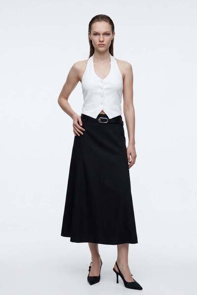 Belted A-Line Midi Skirt