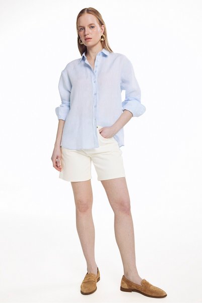 Light Blue 100% Linen Basic Long Sleeve Shirt