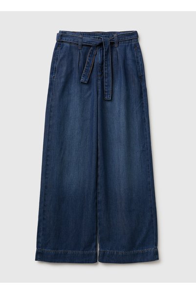 Girls' Dark Denim Wide Leg Belted Denim Trousers