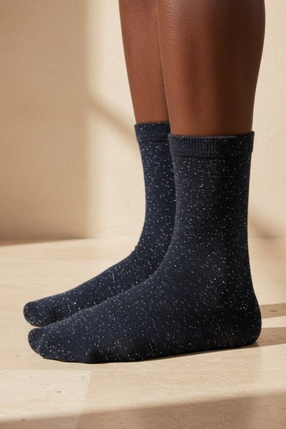 Women's Navy Blue Colored Glitter Detailed Socks
