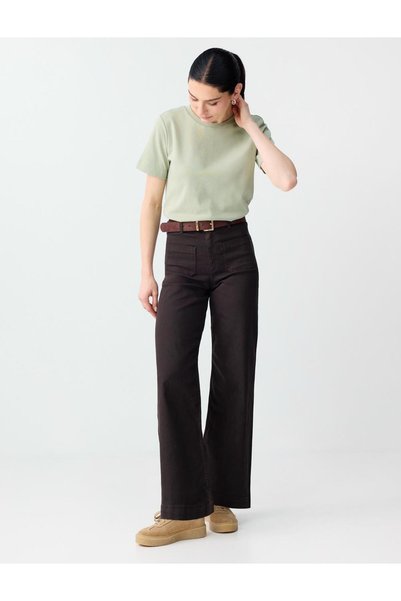 Bitter Brown Relaxed Fit Wide Leg High Waist Denim Trousers