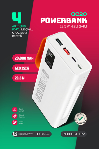 20.000 Mah Pd 22.5w жичен 3.0 брзо полнење вистински 20.000 Mah загарантиран светлосен Qc20 бел Powerbank