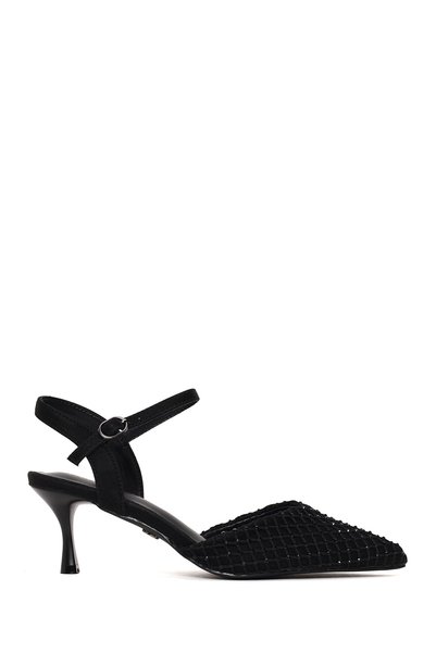 Women's Black Ankle Buckle Open Back Stone Detailed Thin Heeled Shoes 26Pfe496714