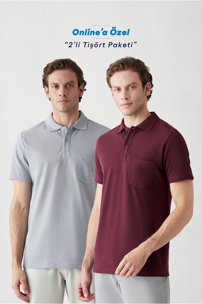 Buttoned Polo Collar Pocket Regular Fit Cotton Plain 2-Pack T-Shirt Set