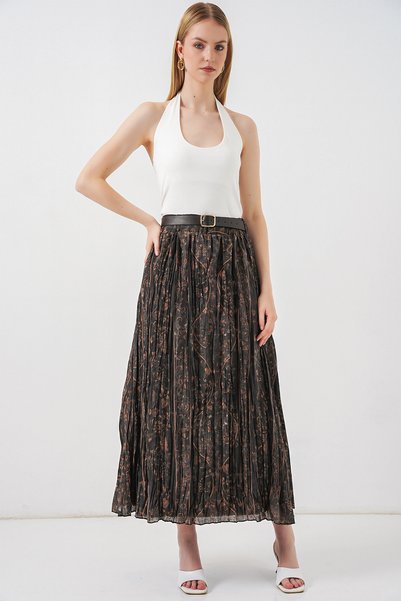 Women's Belted Patterned Skirt 8074 - Smoked