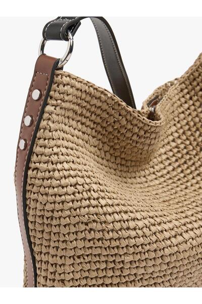 Women's Straw Effect Bucket Bag with Charm