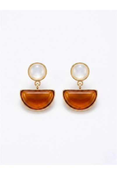 Brown and White Stone Half Moon Design Earrings