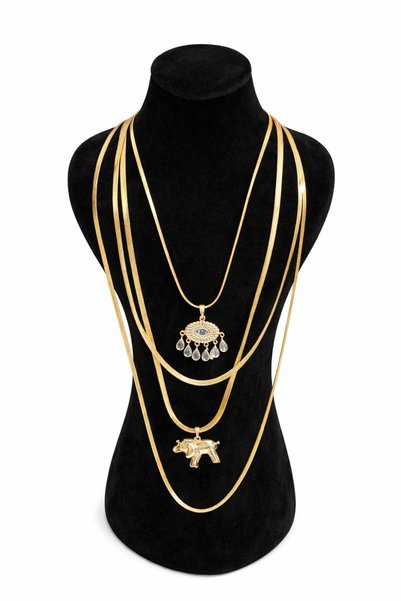 Steel Elephant and Teardrop Stone Eye Figured 4-Piece Combination Necklace Set Gold Color