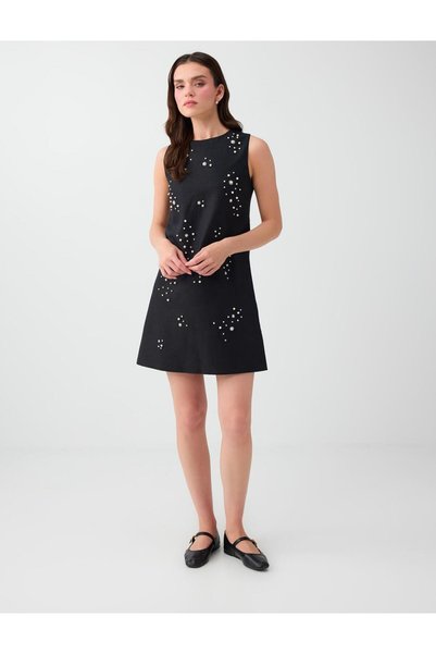 Black Linen Blend Short Dress with Pearl Detail