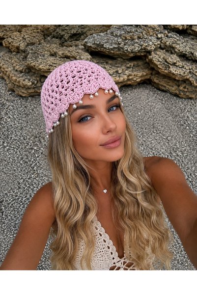 Knitted pearl beanie hat