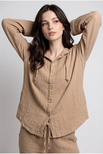 Женска муслинска кошула со качулка oversize удобен крој 100% памук