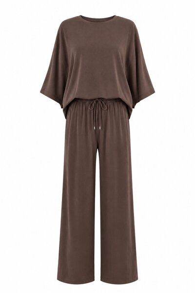 Brown Batwing Sleeve Blouse Pants Set - 30432
