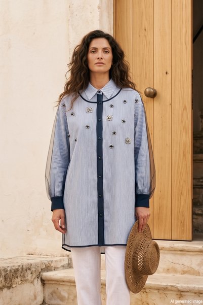 Stone Accessory Detail Striped Shirt 19572 Navy Blue