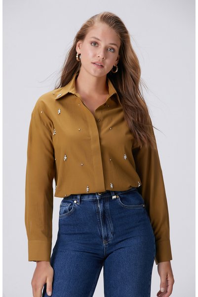 Mustard Colorful Stone Embellished Long Sleeve Shirt with Pockets