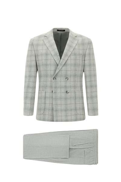 6 Drop Regular Fit Standard Cut Wool Plaid Elastic Waist Combined Double-Breasted Suit