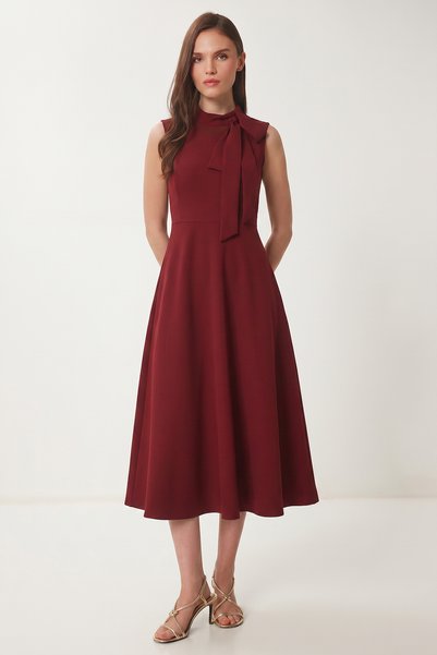 Scarf Detailed Midi Woven Dress Lnt0036 Bordo