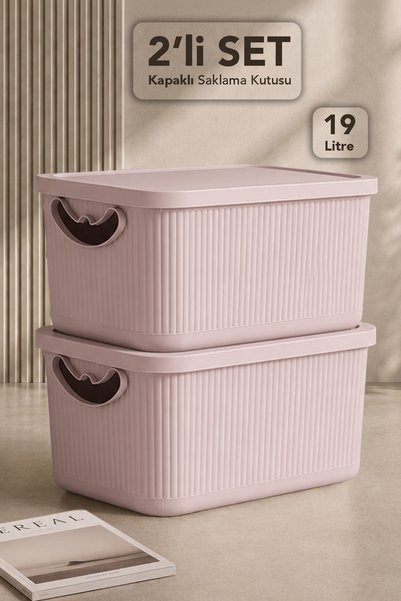 2-Piece Storage Box with Lid - Multi-Purpose Decorative Organizer Closet Organizer Basket 19 Lt Pink