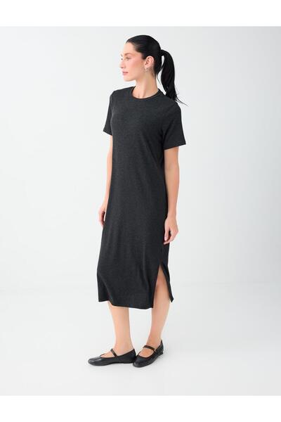 Anthracite Melange Straight Cut Crew Neck Short Sleeve Knitted Dress